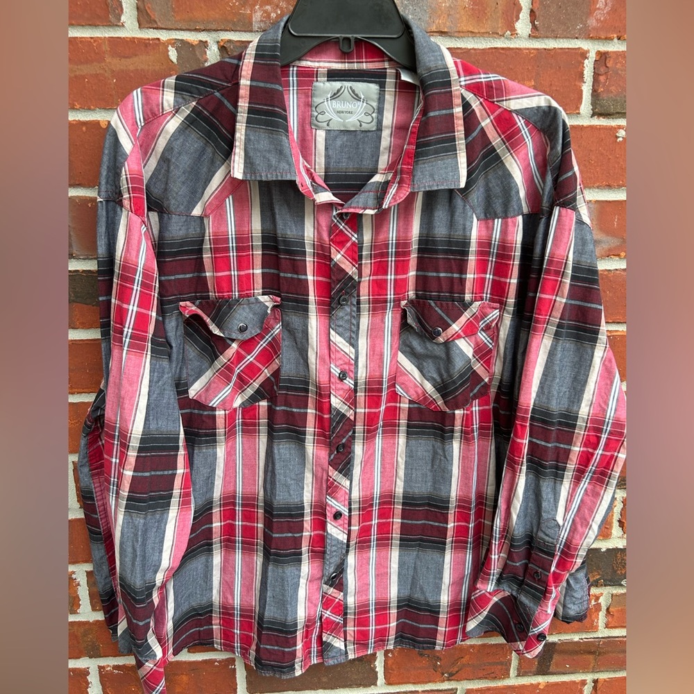 Bruno New York Big & Tall Long Sleeve Button Down Red Black Plaid 4XLB Shirt